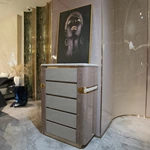 Marble-Top Sideboard Cabinet with Five Fluted Drawers, Rounded Light Wood Veneer Frame, and Brass Accent Details